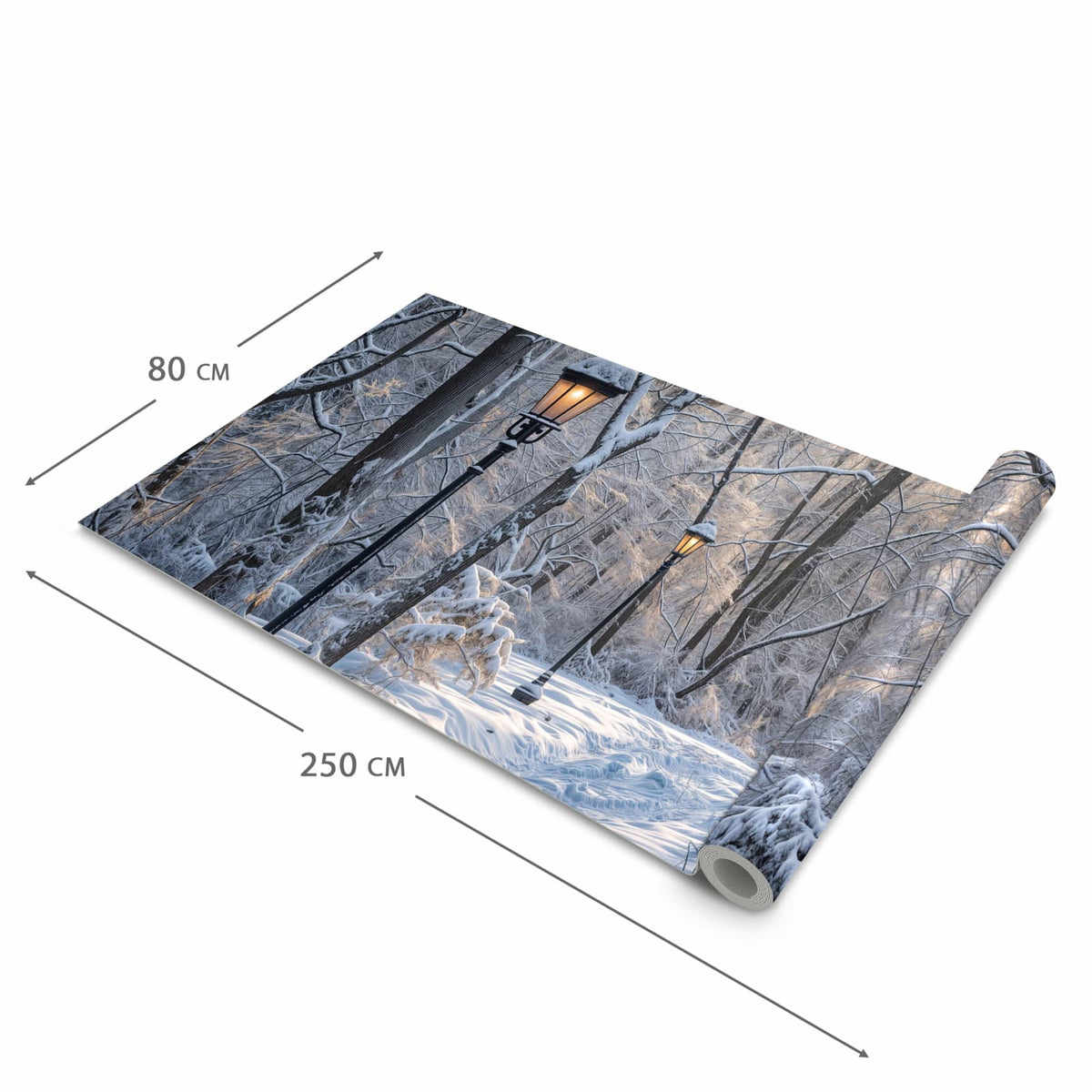 Flacher Küchenläufer mit Motiv Verschneiter Waldweg in der Grösse 80x250 cm für lange Flure