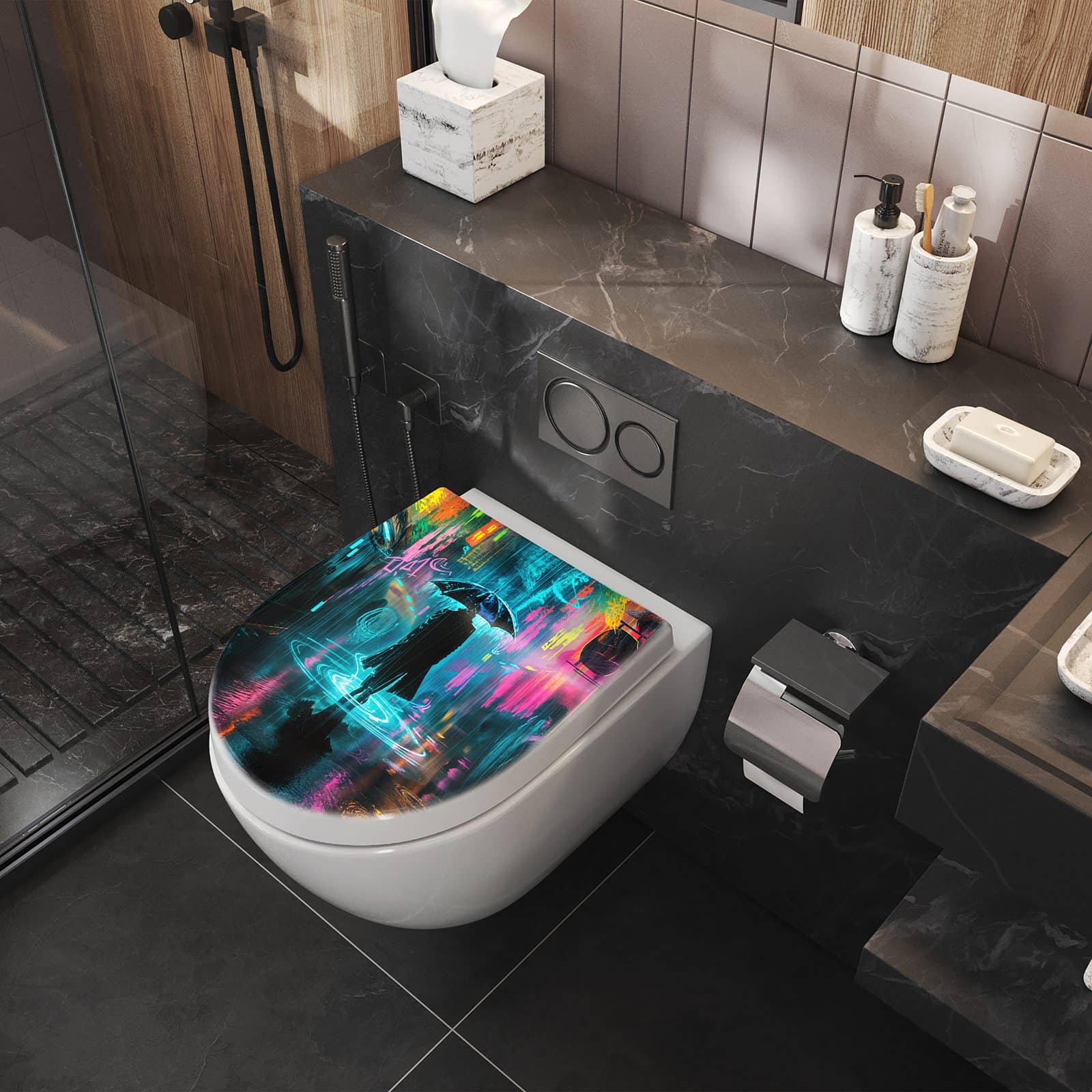 WC-Sitz mit Absenkautomatik Regen bei Nacht