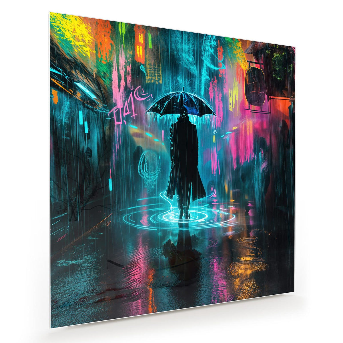 Silhouette mit Schirm im Regen vor Neonlichtern und nassem Asphalt