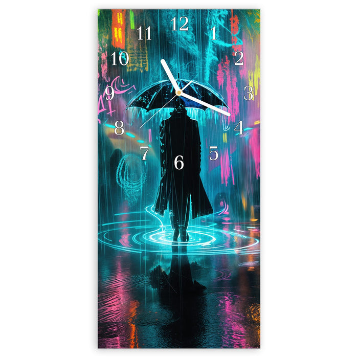 Wanduhr Regen bei Nacht aus Glas – Hochformat 30 × 60 cm mit Ziffernblatt Klassisch