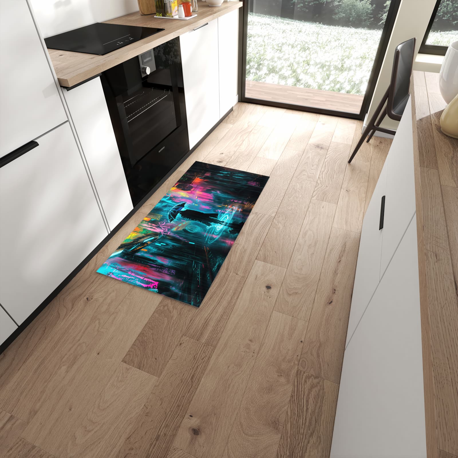 Rutschfester Küchenläufer mit Motiv Regen bei Nacht in moderner Küche #grösse_60 x 120 cm