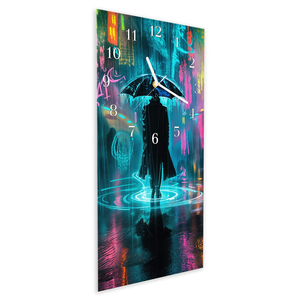 Vormontiert – mit Schwebeeffekt – Wanduhr Regen bei Nacht aus Glas – Hochformat 30 × 60 cm