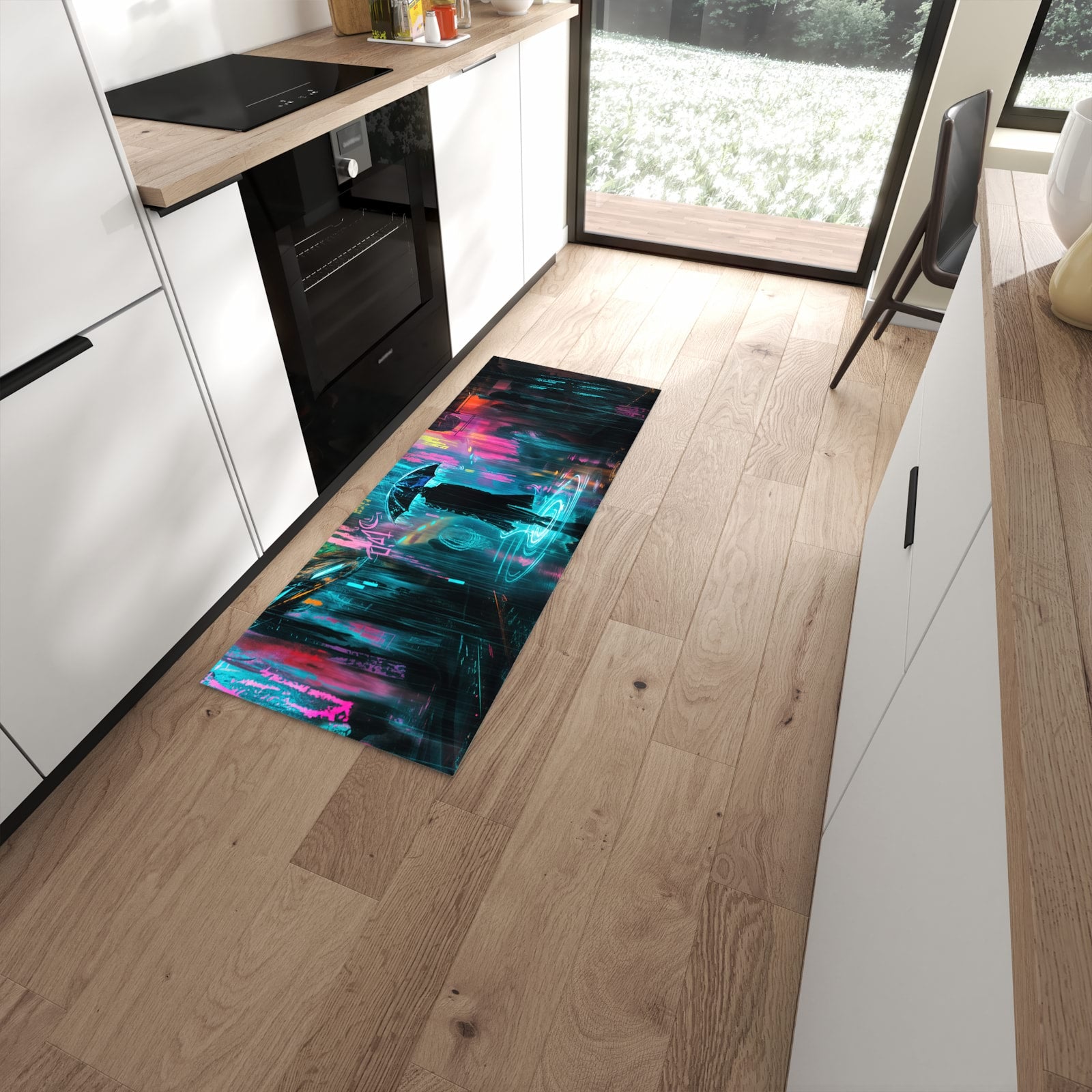 Feuchtigkeitsresistenter waschbarer Küchenläufer mit Motiv Regen bei Nacht in moderner Küche #grösse_60 x 150 cm