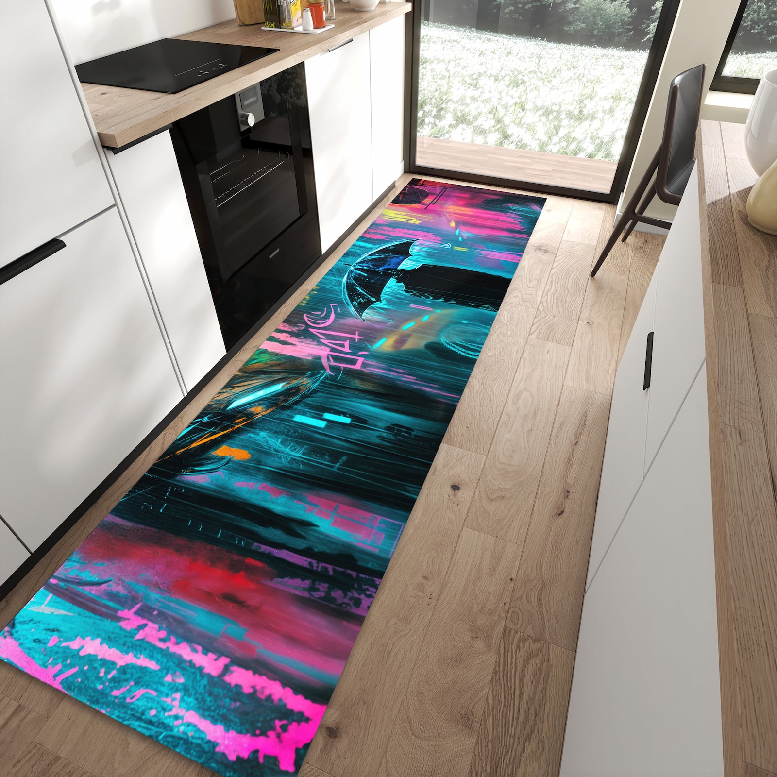 Abriebfester Küchenteppich mit Motiv Regen bei Nacht in moderner Küche