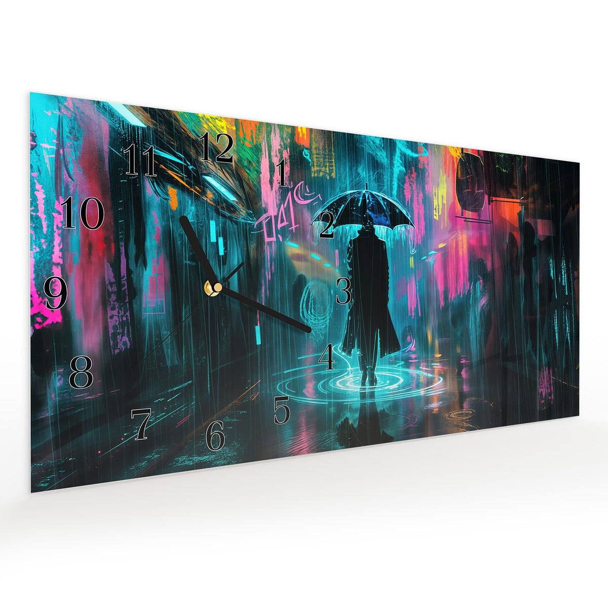 Vormontiert – mit Schwebeeffekt – Wanduhr Regen bei Nacht aus Glas – Querformat 60 × 30 cm