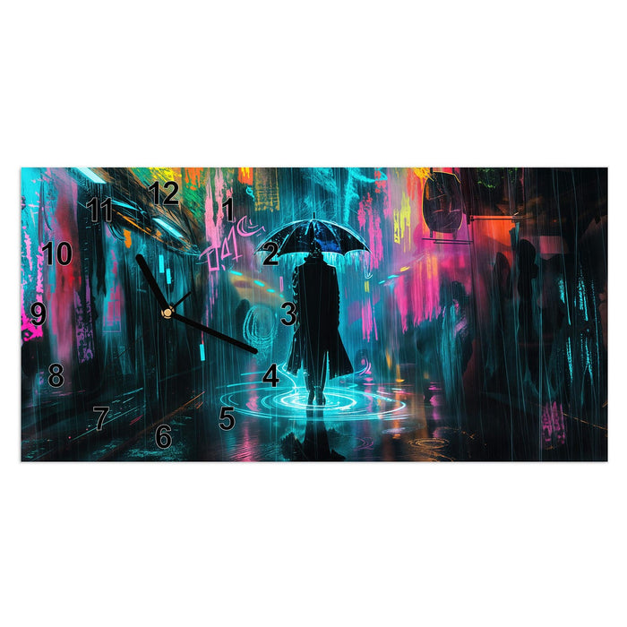 Wanduhr Regen bei Nacht aus Glas – Querformat 60 × 30 cm mit Ziffernblatt Modern