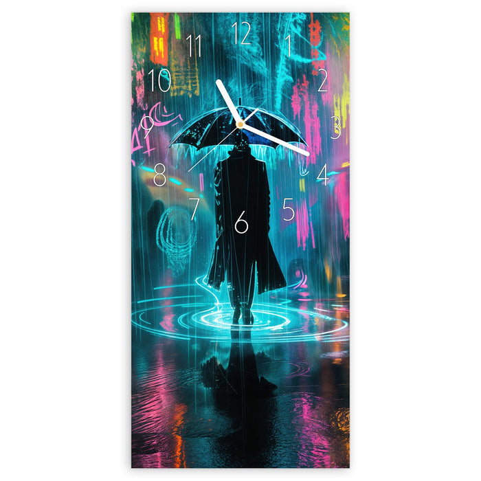 Wanduhr Regen bei Nacht aus Glas – Hochformat 30 × 60 cm mit Ziffernblatt Elegant