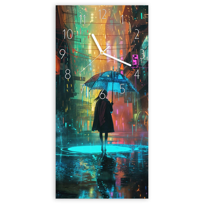 Wanduhr Regen Stadt Lichter aus Glas – Hochformat 30 × 60 cm mit Ziffernblatt Elegant