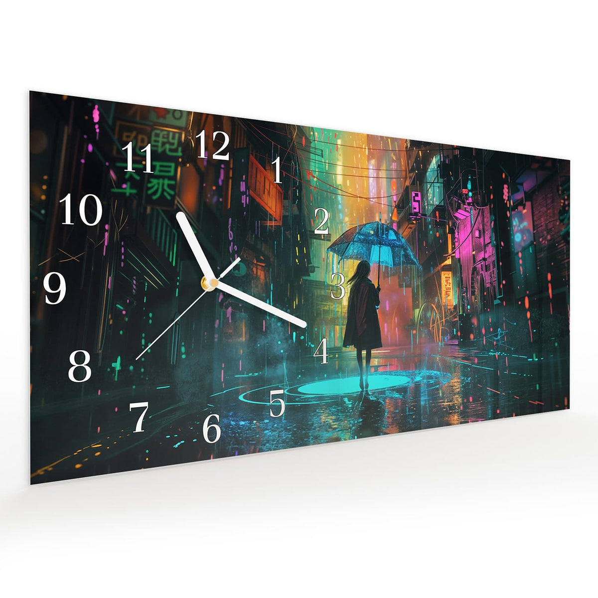 Vormontiert – mit Schwebeeffekt – Wanduhr Regen Stadt Lichter aus Glas – Querformat 60 × 30 cm