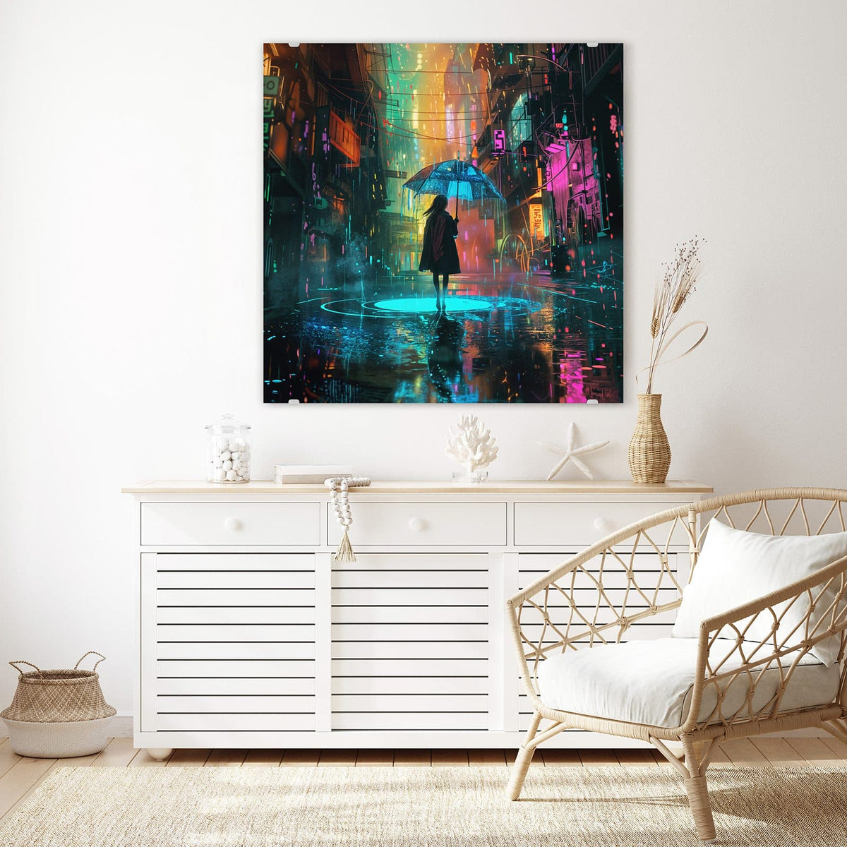 Echtglas, 4 mm – kein Acryl, keine Folie – Wandbild - Frau im Neonregen - Quadratisch