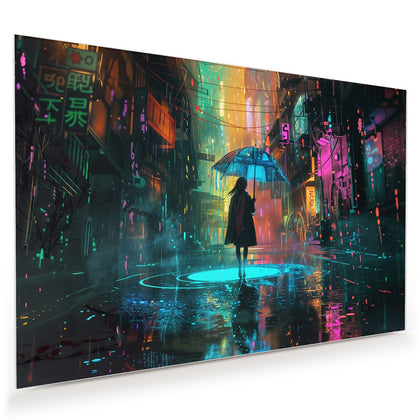 Wandbild mit dem Motiv Frau im Neonregen