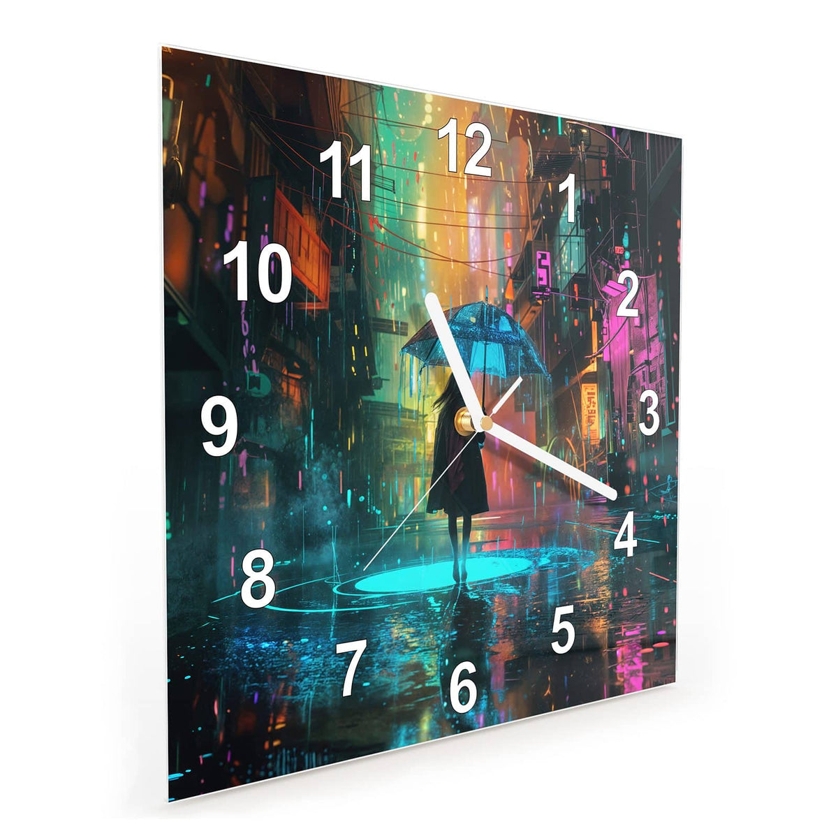 Quadratische Wanduhr aus Glas Frau im Neonregen schräg von der Seite, 4 mm starkes Glas