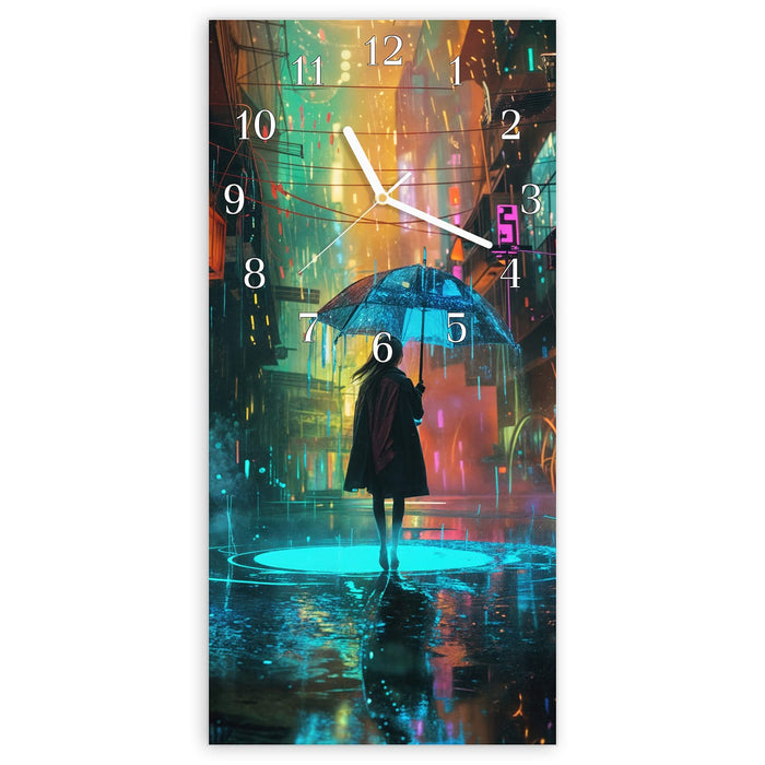 Wanduhr Regen Stadt Lichter aus Glas – Hochformat 30 × 60 cm mit Ziffernblatt Klassisch