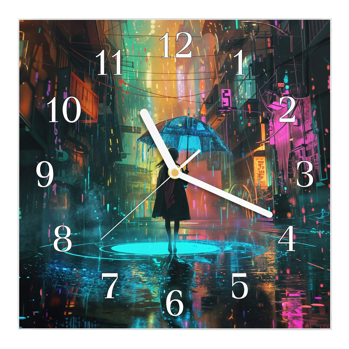 Wanduhr aus Glas, Ziffernblatt Klassisch: Regennasse Gasse bei Nacht, Frau von hinten mit Schirm, pinke und türkise Neonreflexe