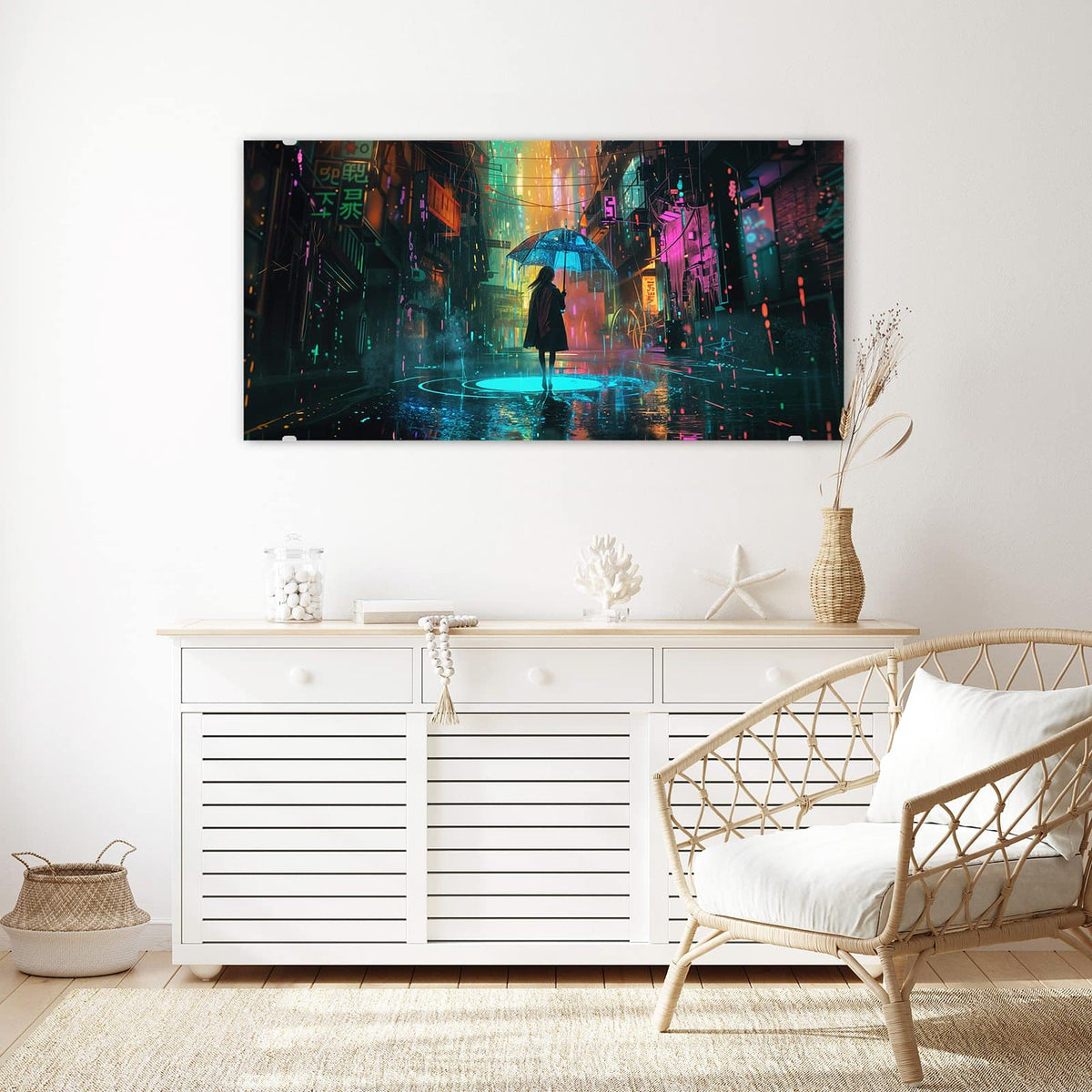 Echtglas, 4 mm – kein Acryl, keine Folie – Wandbild - Frau im Neonregen - Querformat