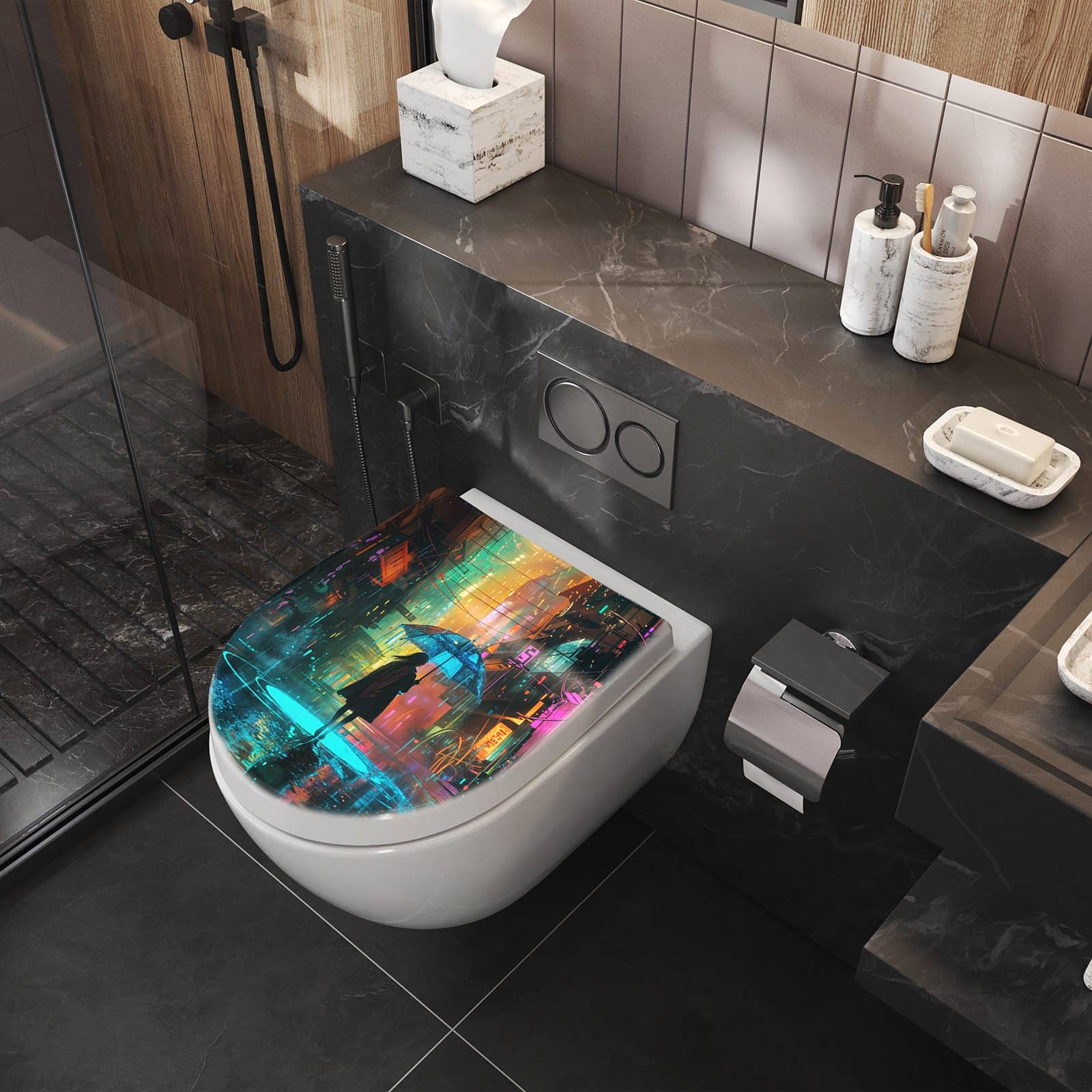 WC-Sitz mit Absenkautomatik Regen Stadt Lichter