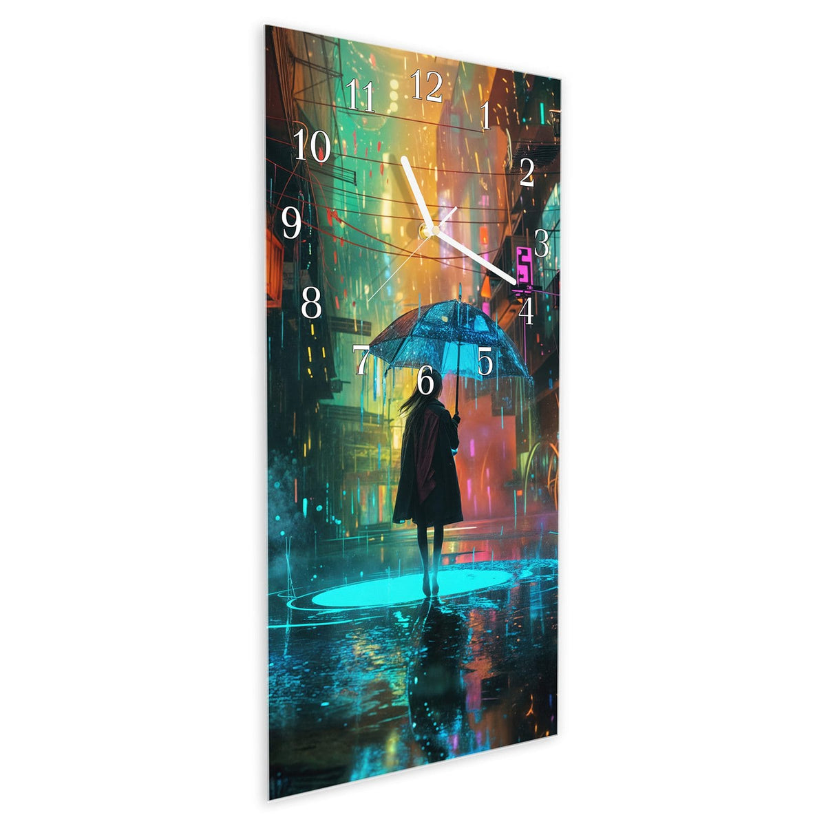 Vormontiert – mit Schwebeeffekt – Wanduhr Regen Stadt Lichter aus Glas – Hochformat 30 × 60 cm