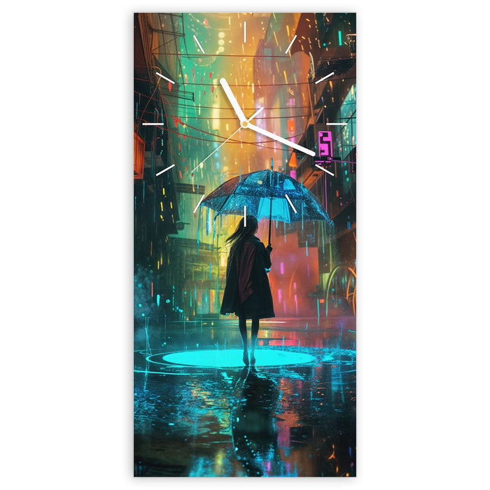Wanduhr Regen Stadt Lichter aus Glas – Hochformat 30 × 60 cm mit Ziffernblatt Linie
