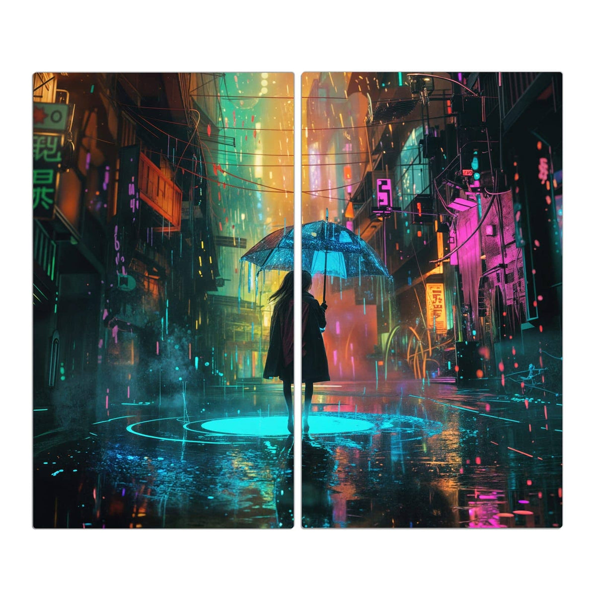 Regennasse Gasse bei Nacht, Frau von hinten mit Schirm, pinke und türkise Neonreflexe