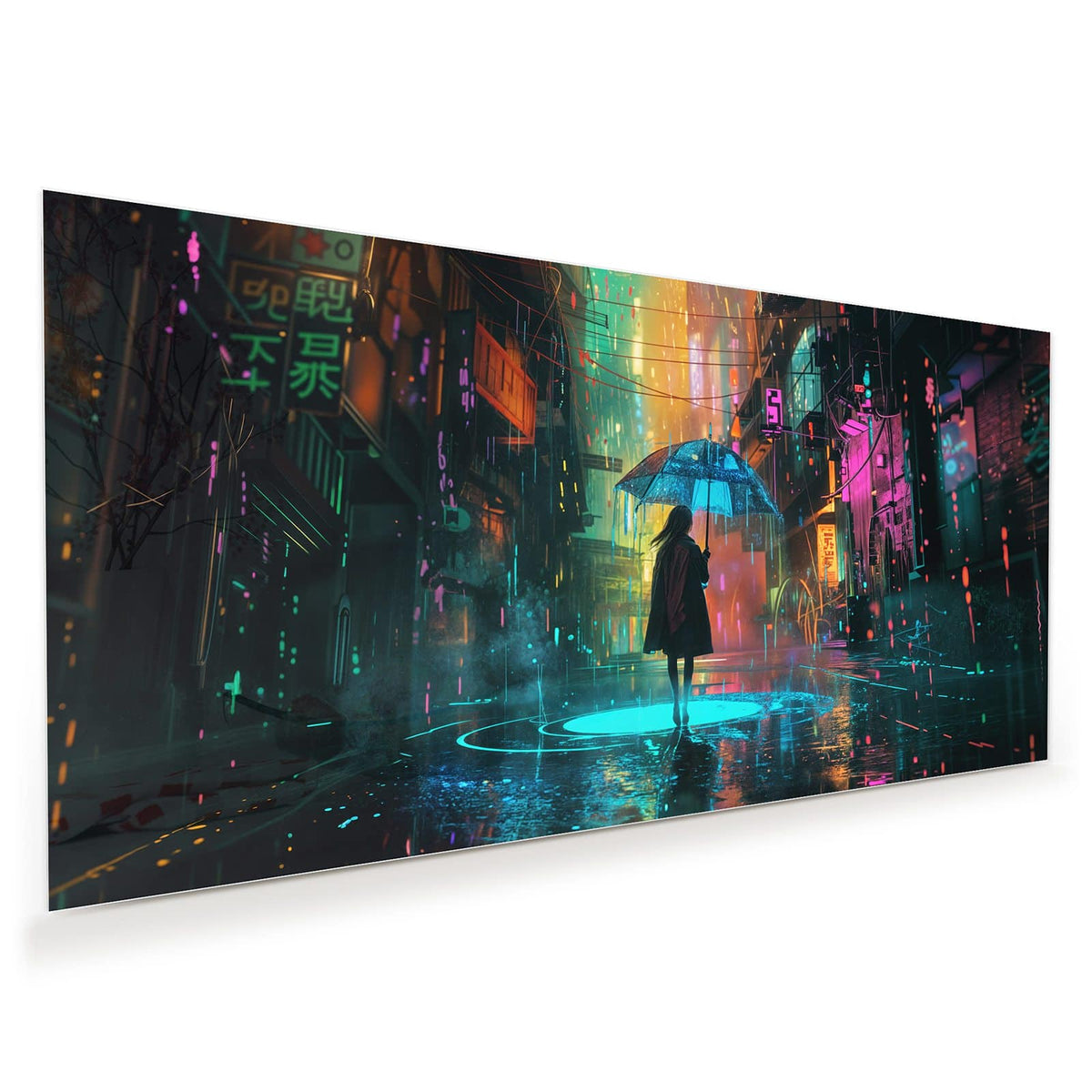 Regennasse Gasse bei Nacht, Frau von hinten mit Schirm, pinke und türkise Neonreflexe