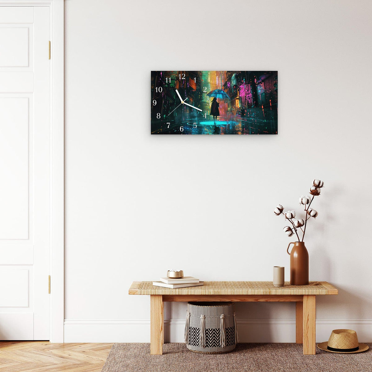 Moderne Wanduhr aus Glas mit Farbtiefe – Wanduhr Regen Stadt Lichter aus Glas – Querformat 60 × 30 cm