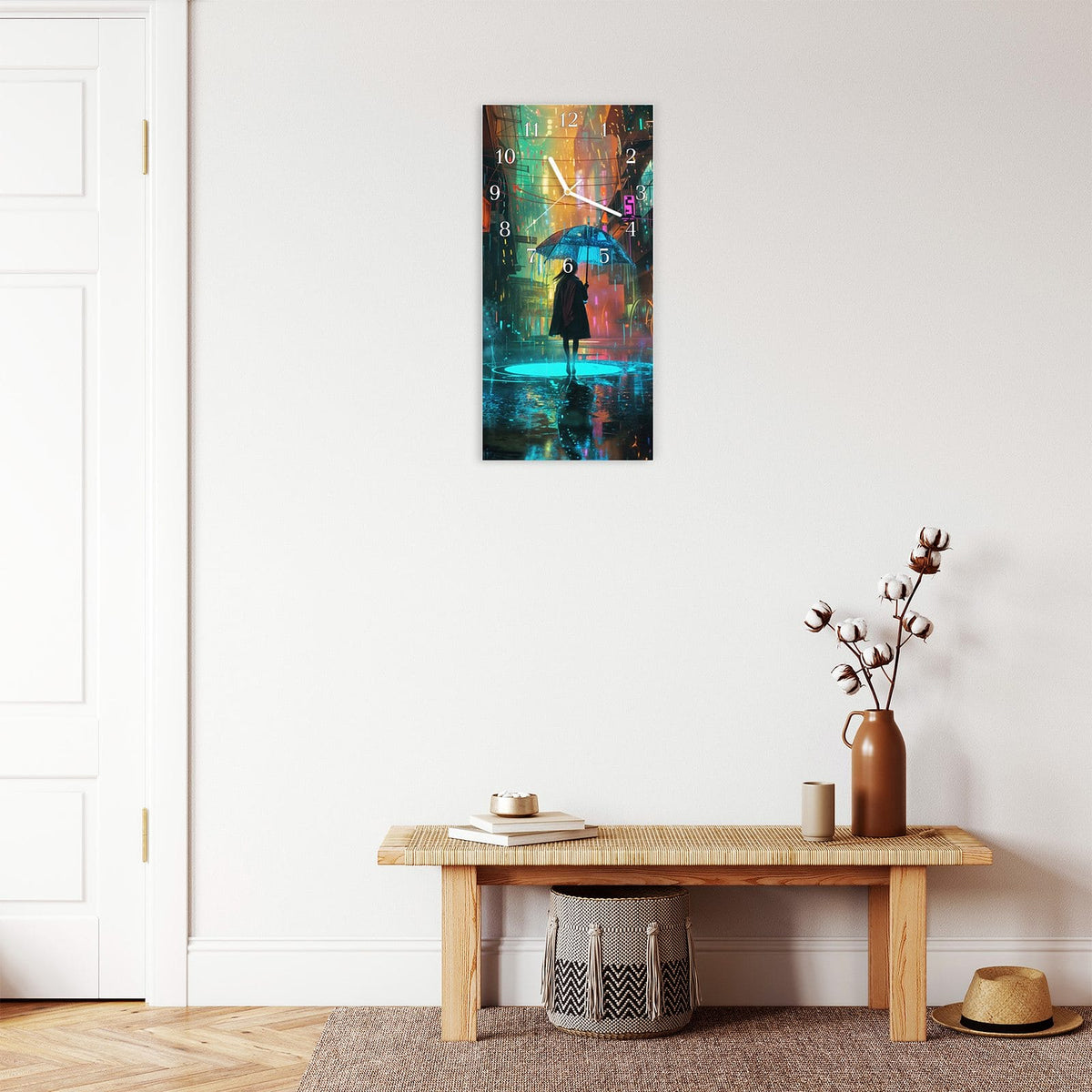 Moderne Wanduhr aus Glas mit Farbtiefe – Wanduhr Regen Stadt Lichter aus Glas – Hochformat 30 × 60 cm