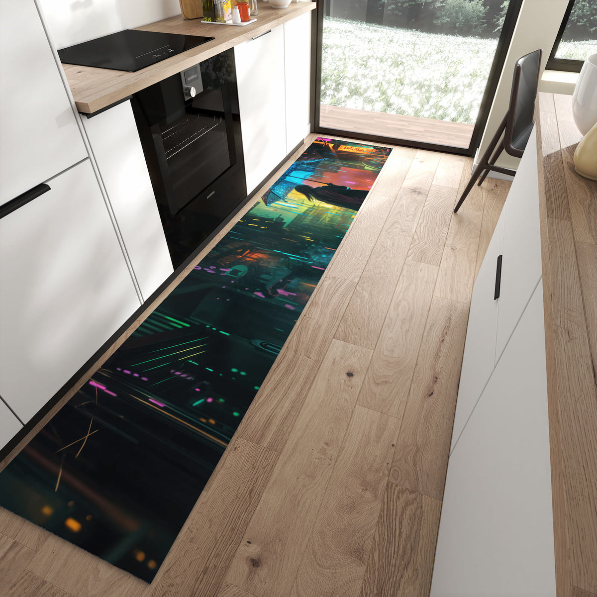 Komfortabler großer Küchenteppich mit Motiv Regen Stadt Lichter in moderner Küche