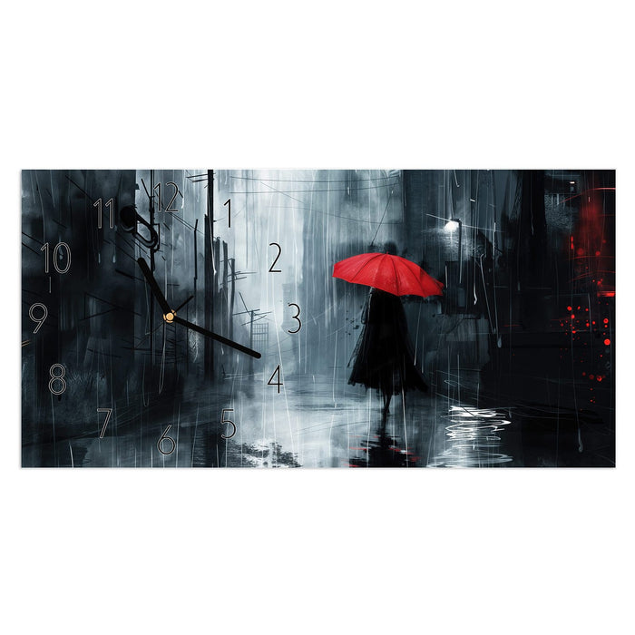 Wanduhr Regenschirm im Regen aus Glas – Querformat 60 × 30 cm mit Ziffernblatt Elegant