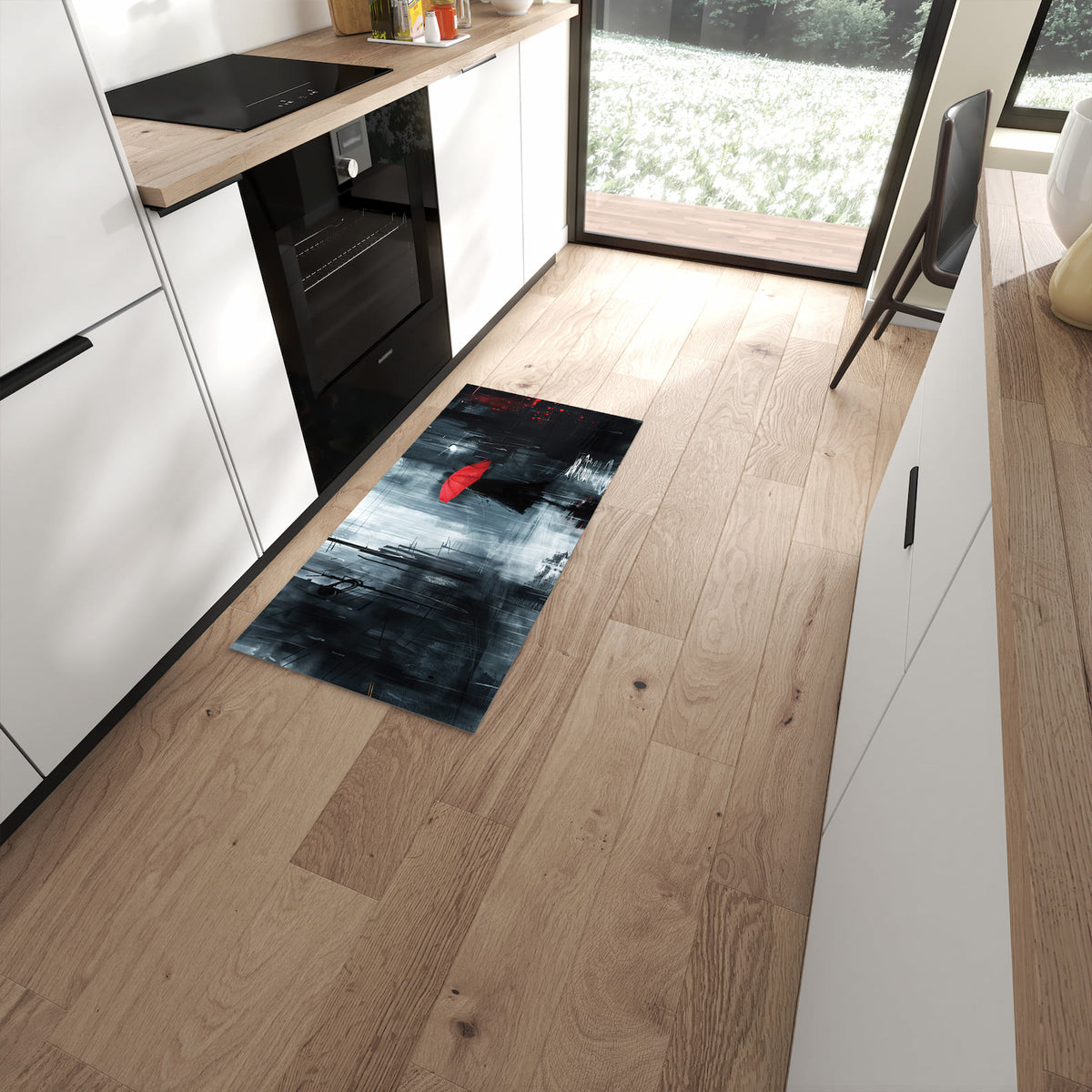 Bodenschonender langer Teppich mit Motiv Regenschirm im Regen in moderner Küche #grösse_60 x 120 cm