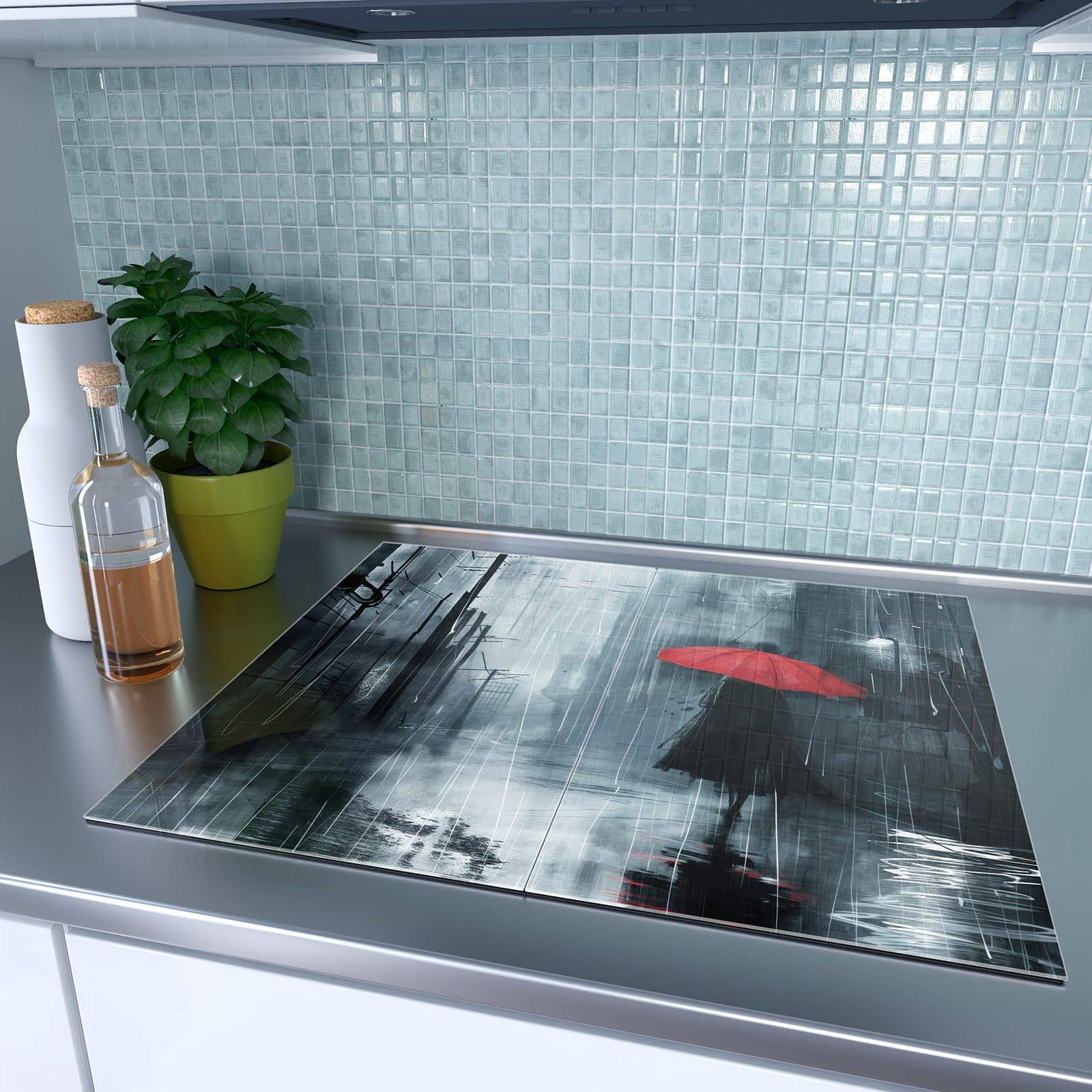 2-teilige Herd Schutzplatte mit Regenschirm im Regen-Motiv auf dem Ceranfeld