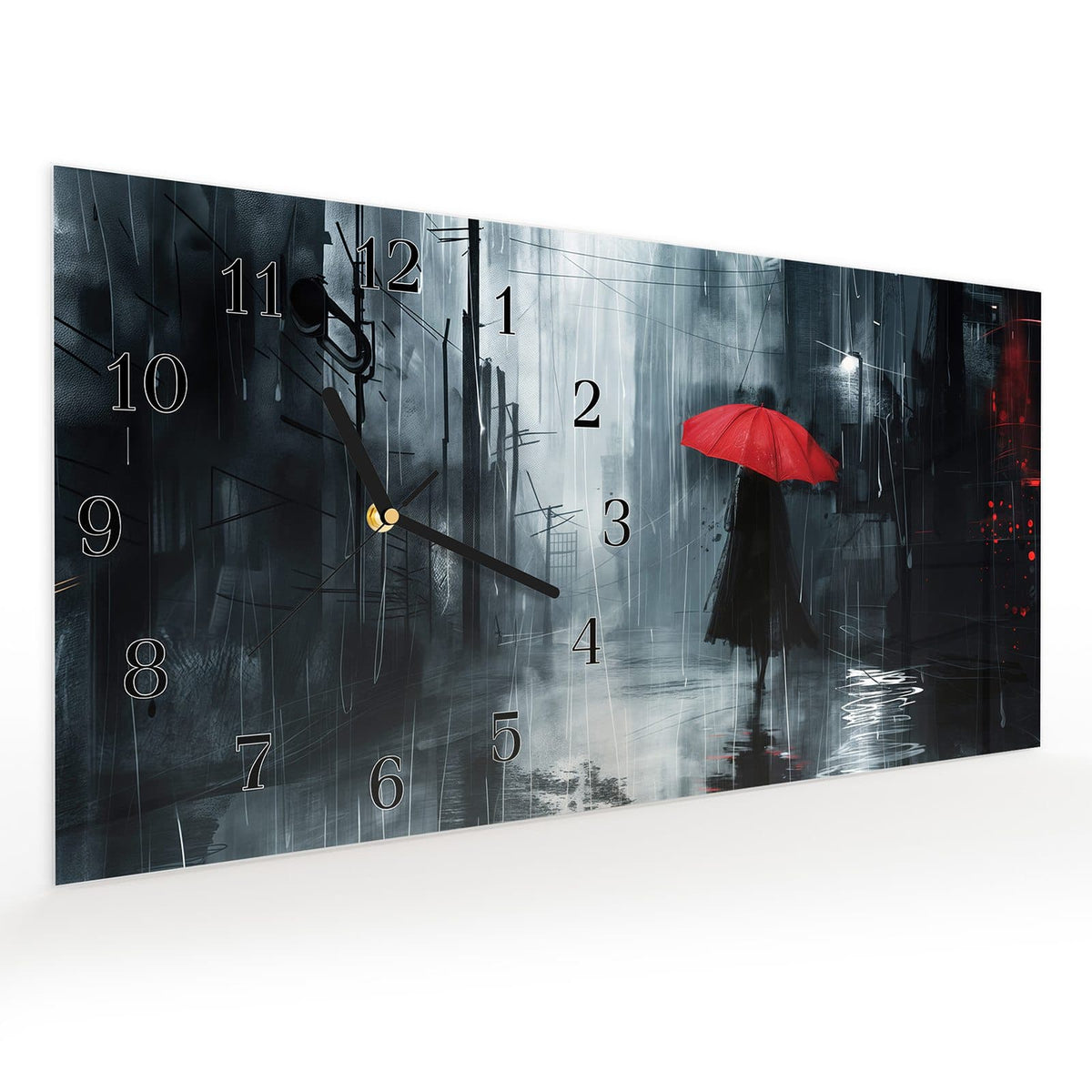 Vormontiert – mit Schwebeeffekt – Wanduhr Regenschirm im Regen aus Glas – Querformat 60 × 30 cm