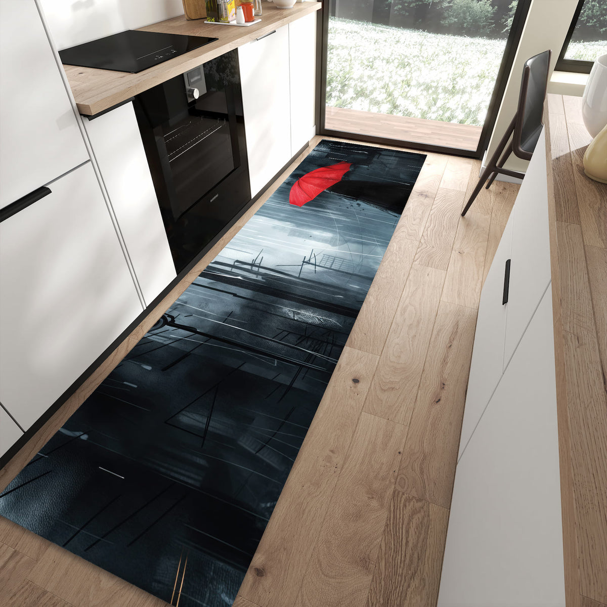 Komfortabler Bodenläufer-Teppich mit Motiv Regenschirm im Regen in moderner Küche
