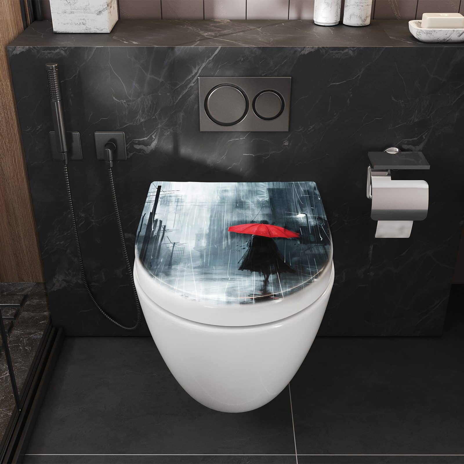 WC-Sitz mit Absenkautomatik Regenschirm im Regen