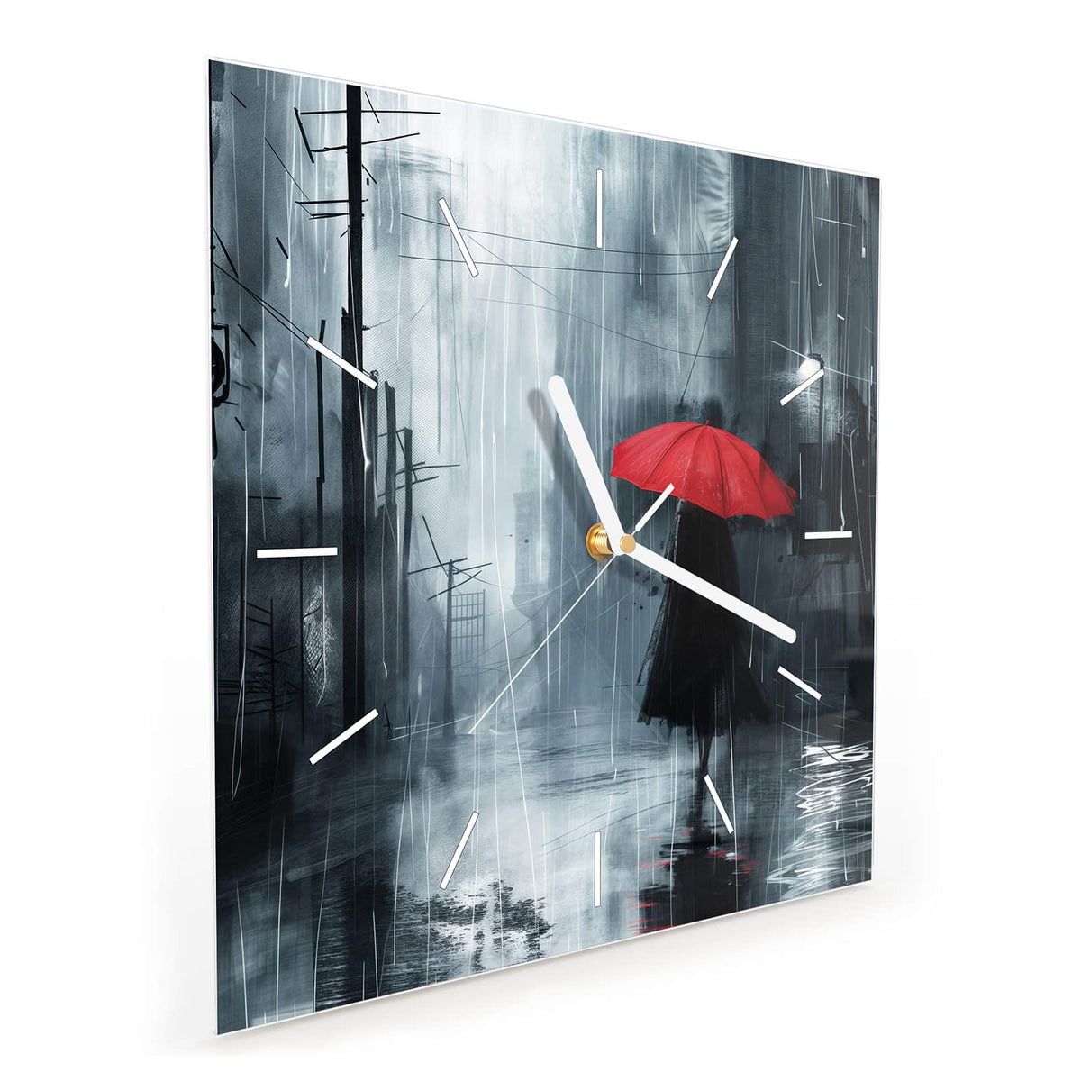 Quadratische Wanduhr aus Glas Roter Schirm im Regen schräg von der Seite, 4 mm starkes Glas