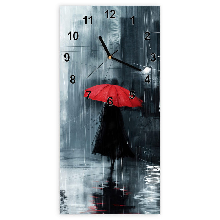 Wanduhr Regenschirm im Regen aus Glas – Hochformat 30 × 60 cm mit Ziffernblatt Modern