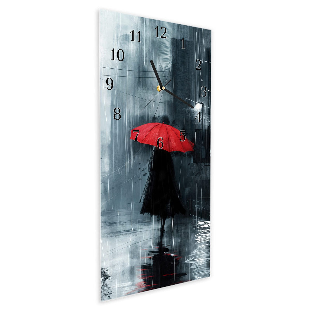 Vormontiert – mit Schwebeeffekt – Wanduhr Regenschirm im Regen aus Glas – Hochformat 30 × 60 cm
