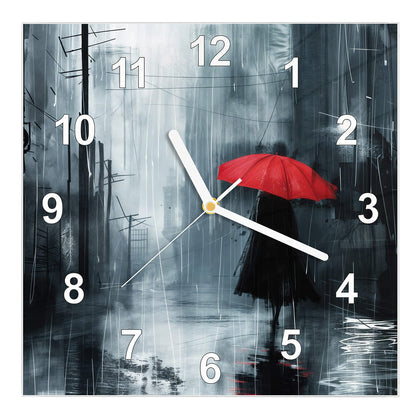 Wanduhr Quadratisch mit dem Motiv Roter Schirm im Regen