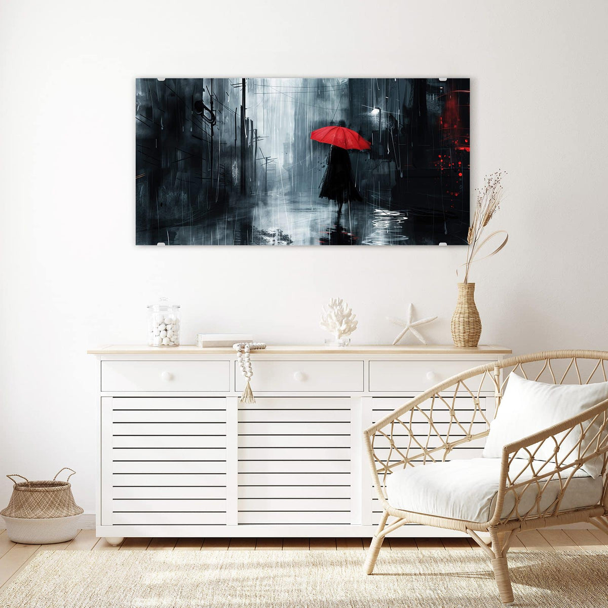 Echtglas, 4 mm – kein Acryl, keine Folie – Wandbild - Roter Schirm im Regen - Querformat