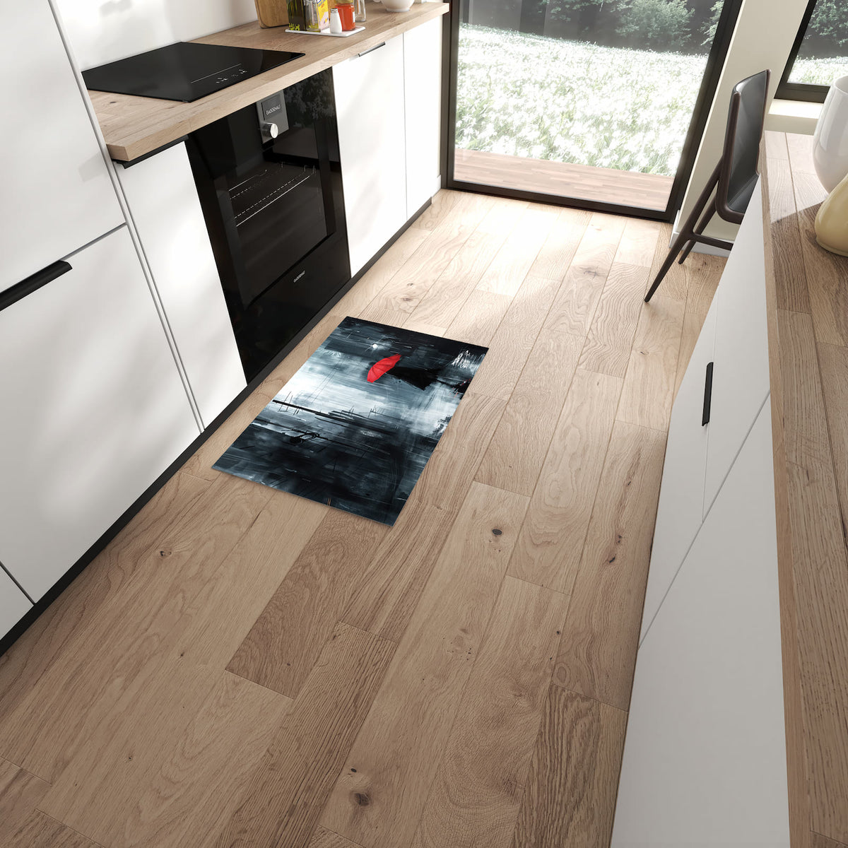 Waschbarer Teppich fürs Esszimmer mit Motiv Regenschirm im Regen in moderner Küche