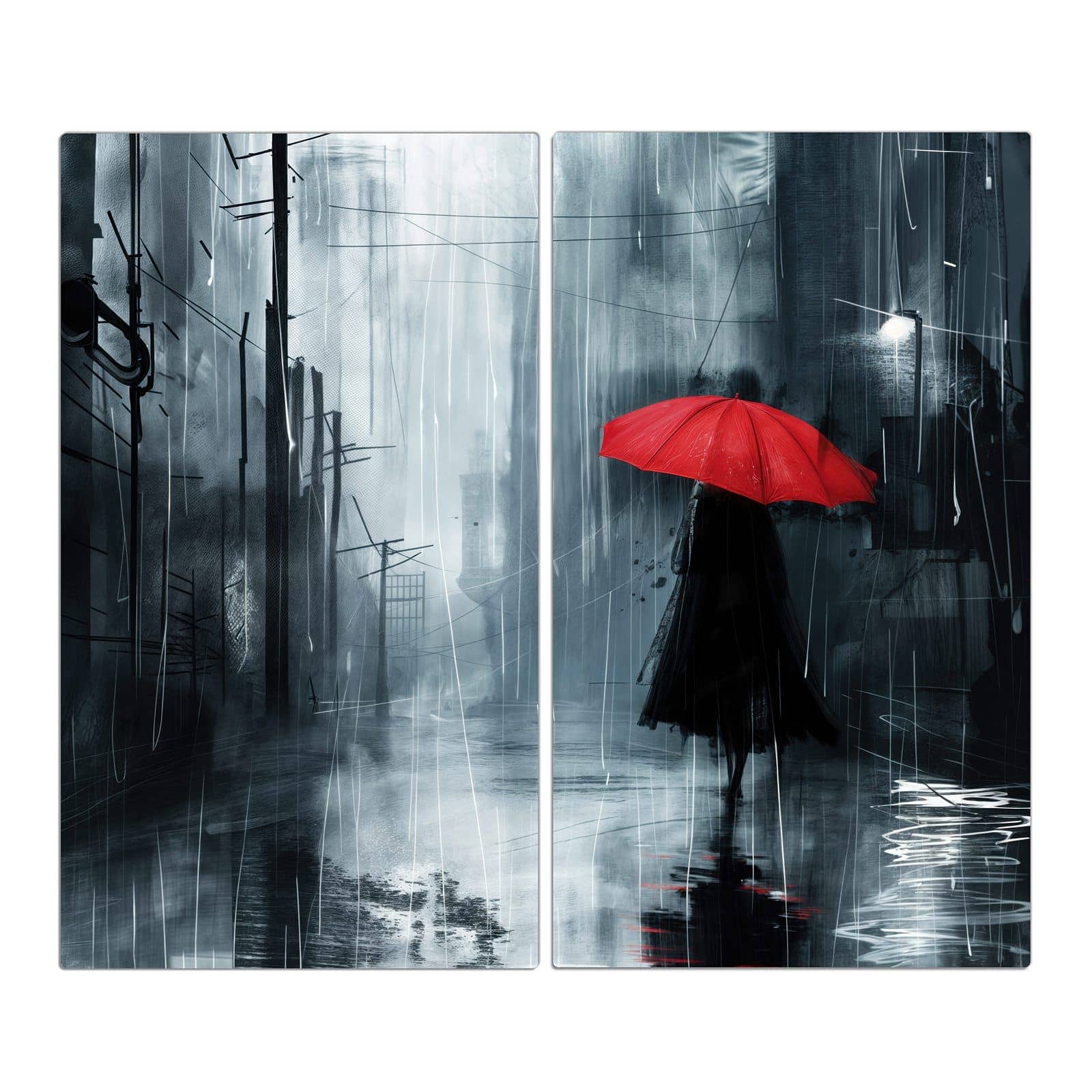 2-teilige Herdabdeckplatte mit Regenschirm im Regen-Motiv in der Frontansicht #grösse_2-Teilig (60x52cm)