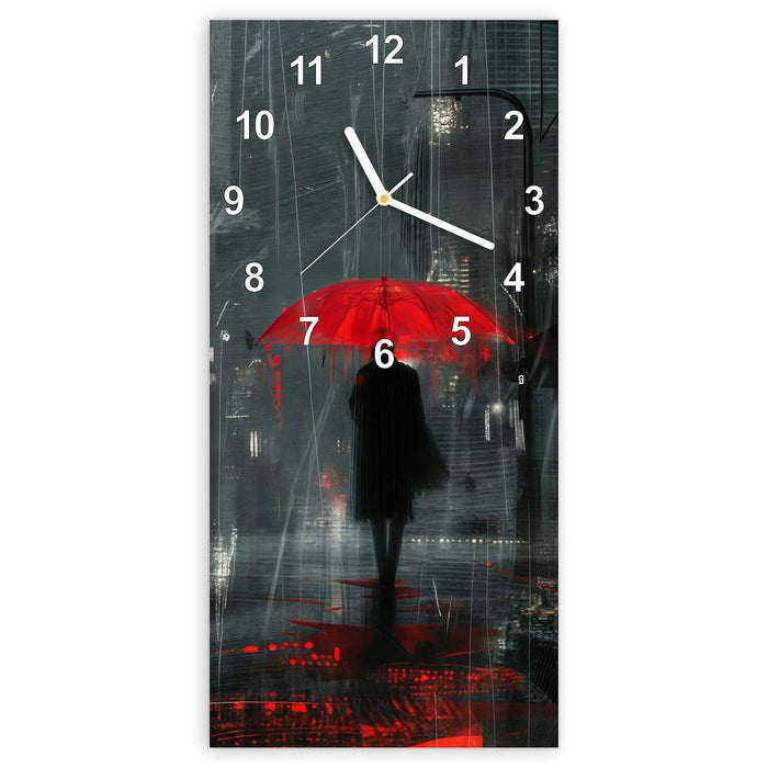Wanduhr Regenroter Schirm aus Glas – Hochformat 30 × 60 cm mit Ziffernblatt Modern