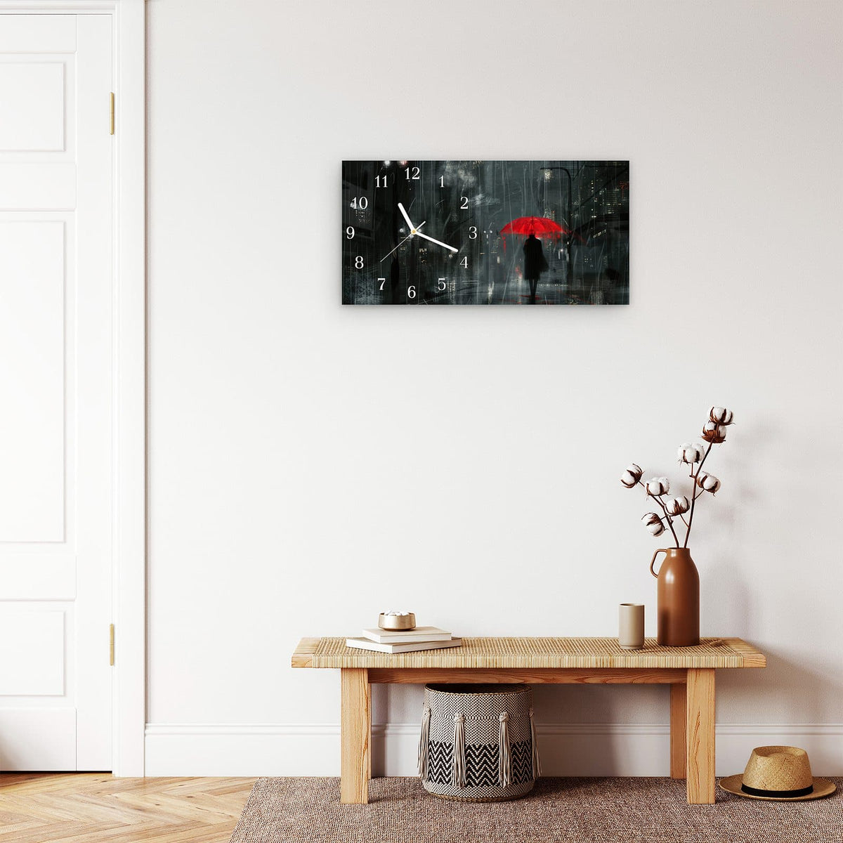 Moderne Wanduhr aus Glas mit Farbtiefe – Wanduhr Regenroter Schirm aus Glas – Querformat 60 × 30 cm