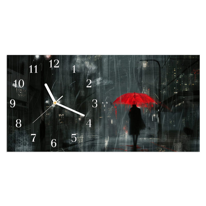 Wanduhr Regenroter Schirm aus Glas – Querformat 60 × 30 cm mit Ziffernblatt Klassisch