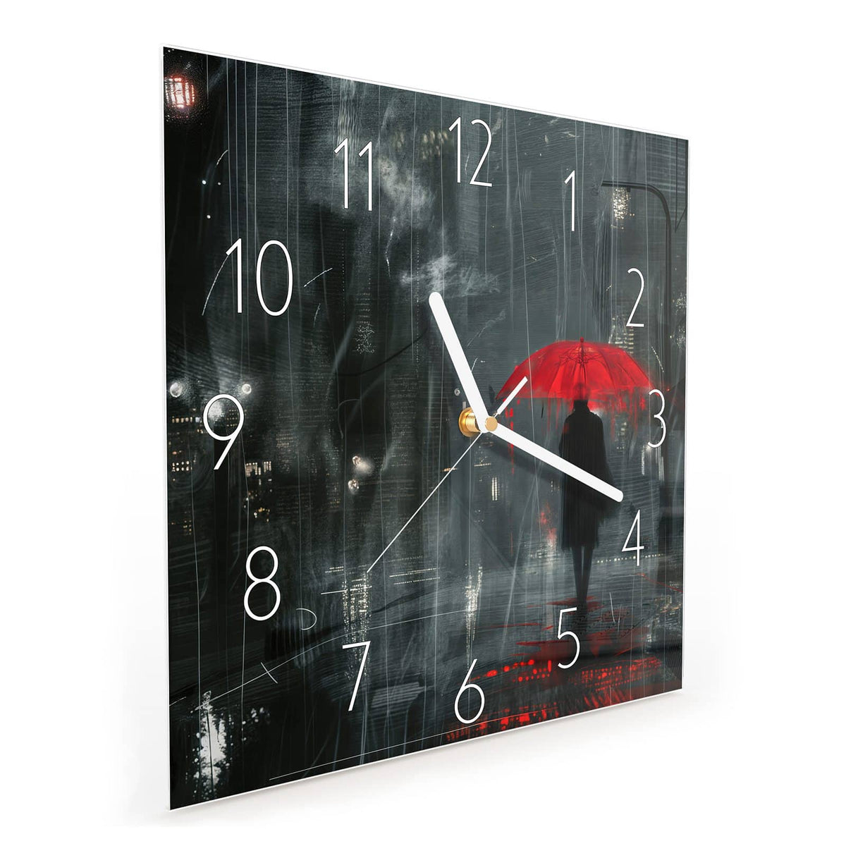 Quadratische Wanduhr aus Glas Roter Schirm bei Nacht schräg von der Seite, 4 mm starkes Glas
