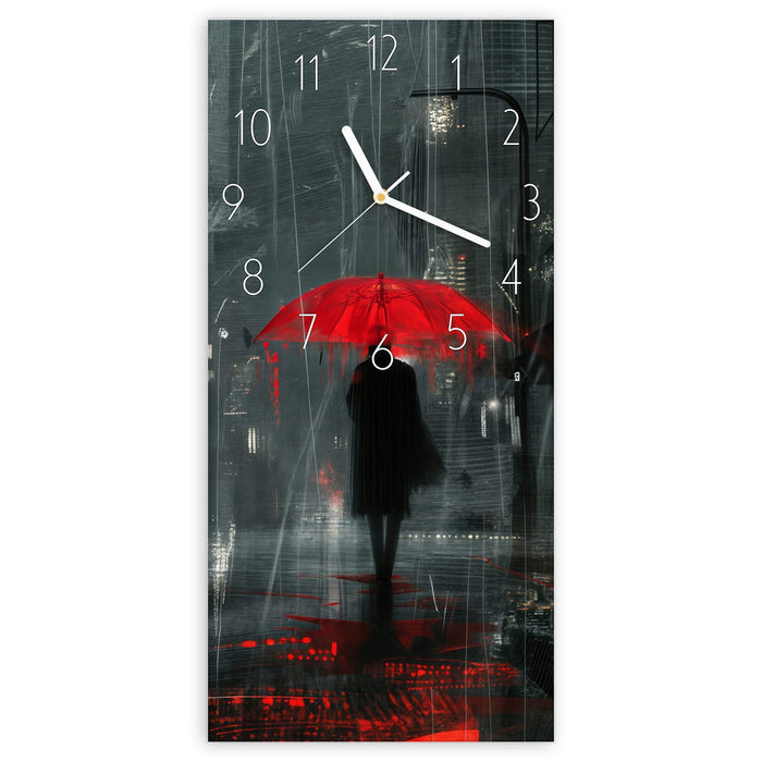 Wanduhr Regenroter Schirm aus Glas – Hochformat 30 × 60 cm mit Ziffernblatt Elegant