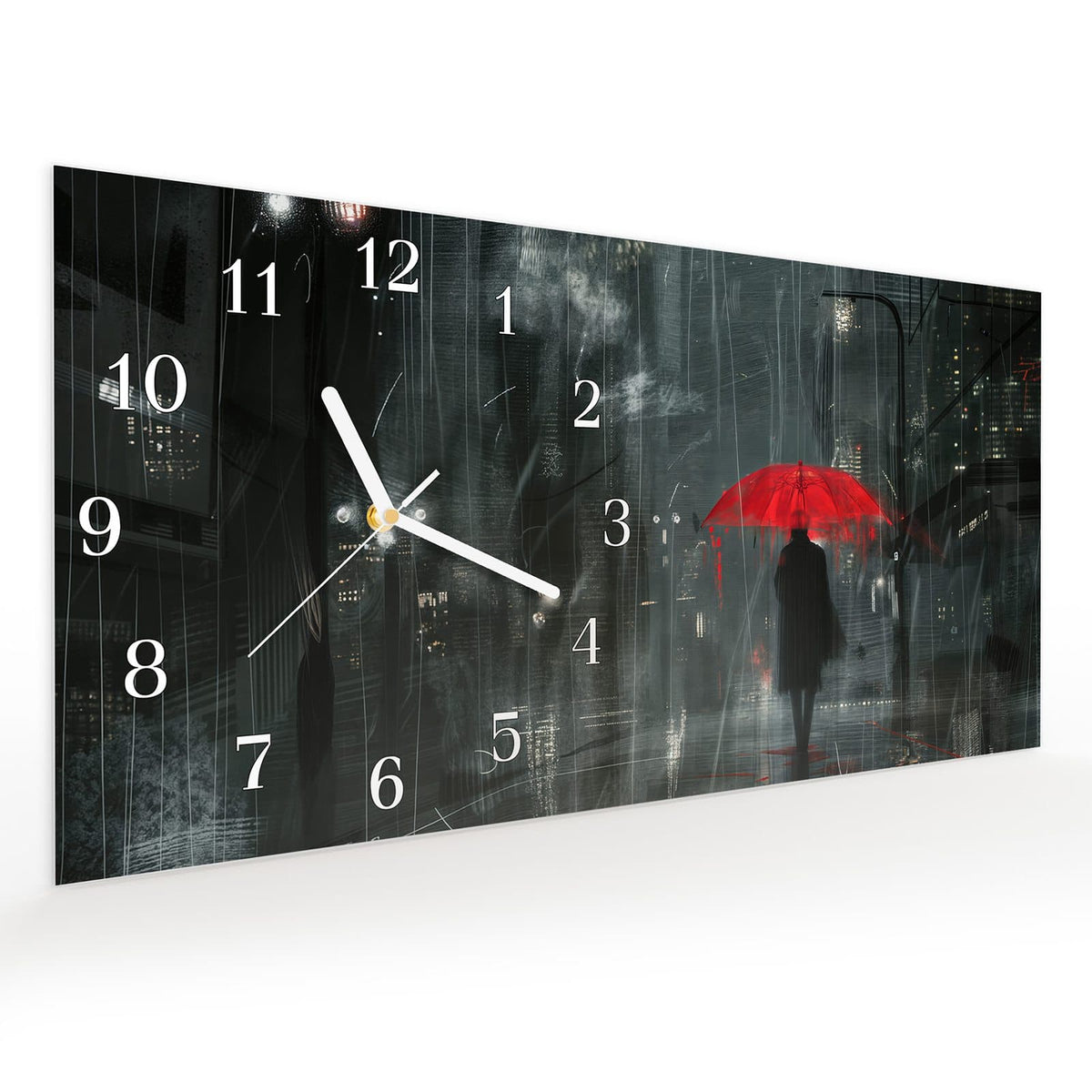 Vormontiert – mit Schwebeeffekt – Wanduhr Regenroter Schirm aus Glas – Querformat 60 × 30 cm