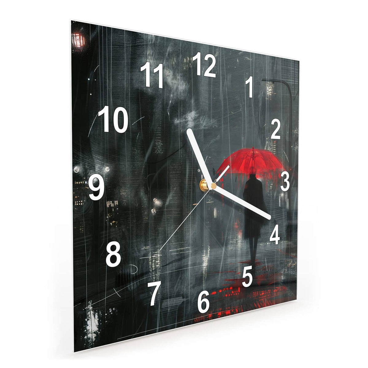 Quadratische Wanduhr aus Glas Roter Schirm bei Nacht schräg von der Seite, 4 mm starkes Glas