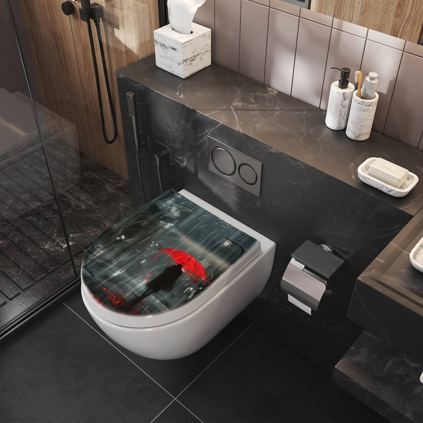 WC-Sitz mit Absenkautomatik Regenroter Schirm