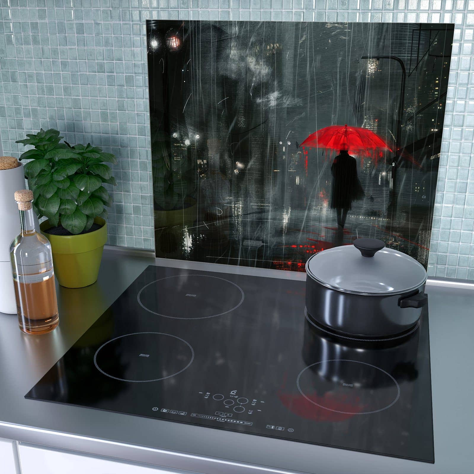 1-teilige Herdabdeckung aus Glas mit Regenroter Schirm-Motiv als Spritzschutz hinter dem Kochfeld