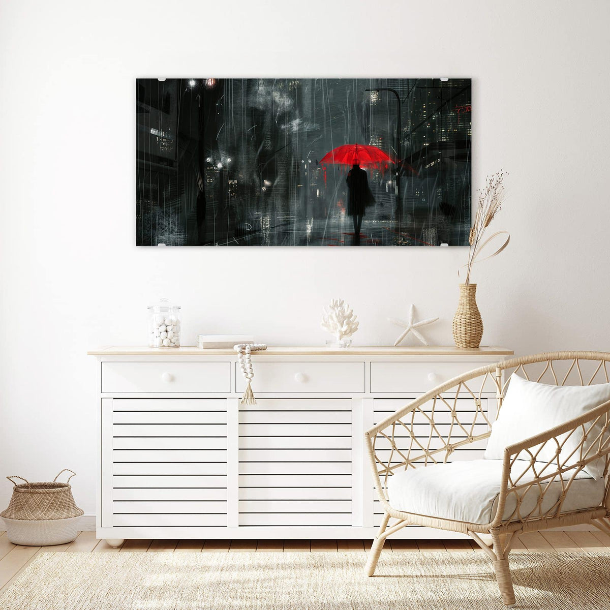 Echtglas, 4 mm – kein Acryl, keine Folie – Wandbild - Roter Schirm bei Nacht - Querformat